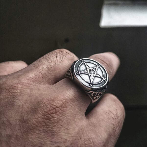 EYHIMD Occult Stainless Steel Sigil of Baphomet Ring Gothic Witch Church of Satan Cross Rings Satanic Lucifer Jewelry