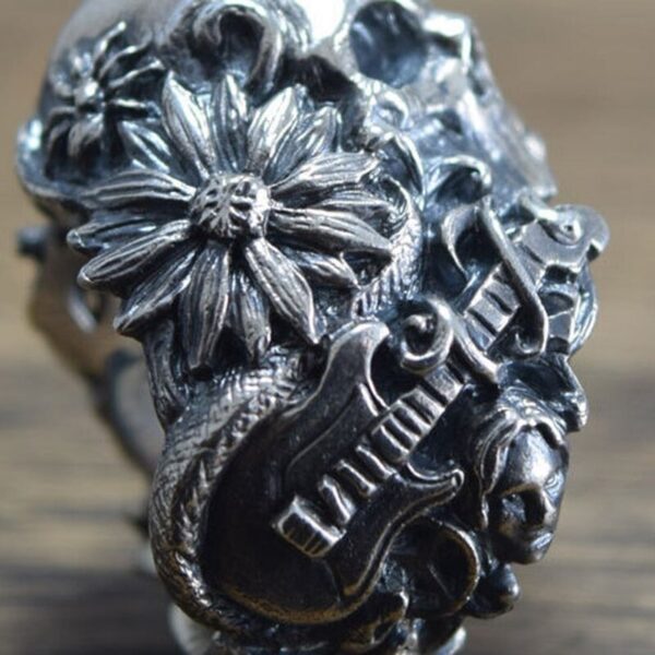 EYHIMD Gothic Music Guitar Flower Skull Ring Gargoyle Stainless Steel Biker Rings Punk Jewelry Unique Gift