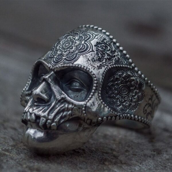 Unique Silver Color 316L Stainless Steel Heavy Sugar Skull Ring Mens Mandala Flower Santa Muerte Biker Jewelry