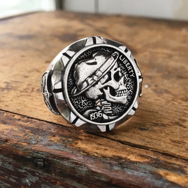 EYHIMD Hobo Nickel Brave Skull Rings Mens Mexican Indian Biker Style Coin Stainless Steel Ring Gift for Him